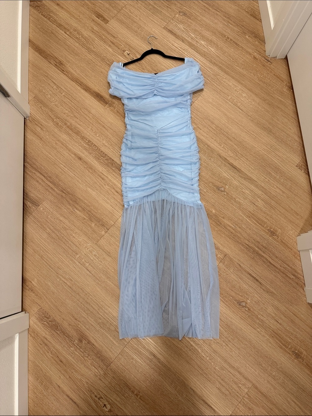 Off-Shoulder Light Blue Ruched Tulle Mermaid Dress